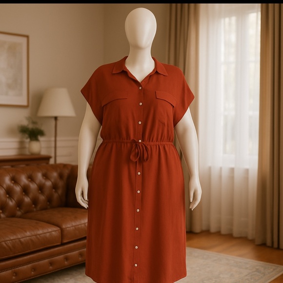 Old Navy Dress 3X Button-Front Shirt Dress Rust Drawstring Waist Pockets NWT - Picture 2 of 6